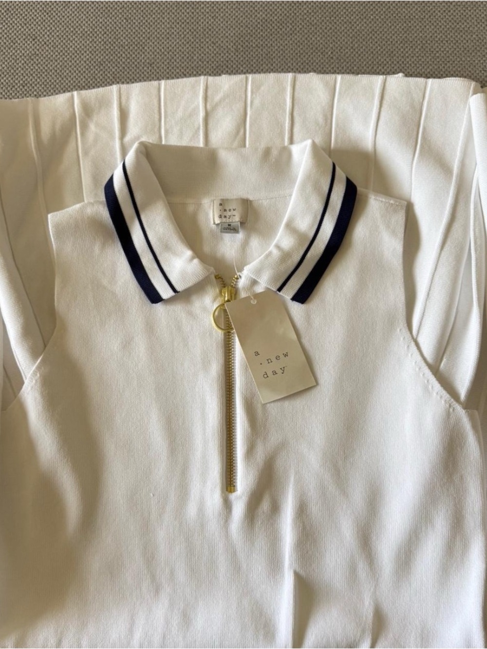 a new day White Sleeveless Polo Tank with Navy Stripe Collar